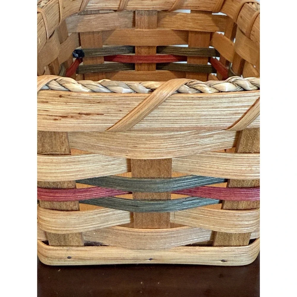 Hand Crafted Woven Double Wine Basket 3 Tone Wood With Handle Signed Dated 2006